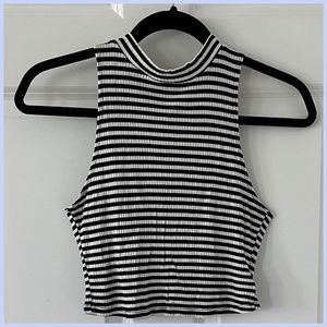 Black and White Striped Halter Tank Crop Top - M